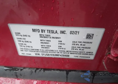 2021 Tesla Model S Long Range Dual Motor All-Wheel Drive from USA, damaged, VIN 5YJSA1E53MF428488